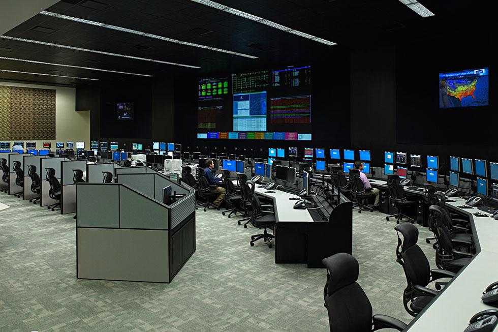 The network operations center monitors operations within the facility, the local area, all other bank data center facilities and global activities that could potentially impact operations